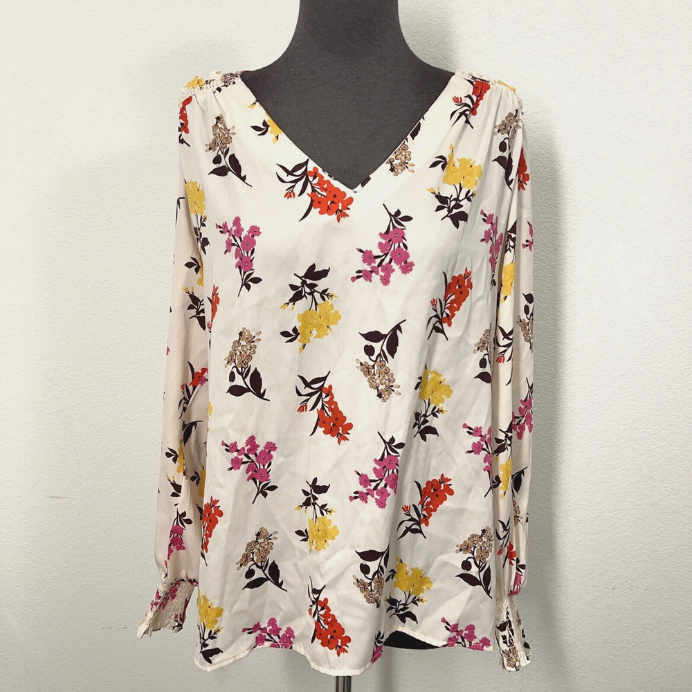 Ann Taylor Floral Smocked Mixed Media Top Women S Biege Blouse Long Sleeve